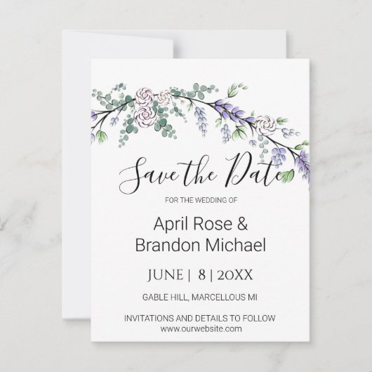 Save The Date Lavande Eucalyptus blanc roses aquarelle (Devant)