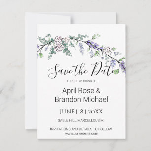 Save The Date Lavande Eucalyptus blanc roses aquarelle