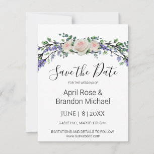 Save The Date Lavande Eucalyptus rose roses roses blanches Enreg