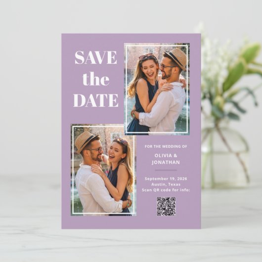 Save The Date Lavande Multi Photo Moderne | Code QR (Debout devant)