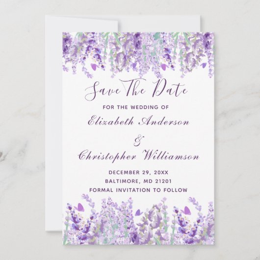 Save The Date Lavande Verdure Floral Aquarelle Formal Elégant (Devant)