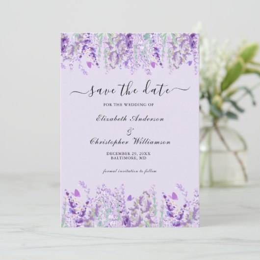 Save The Date Lavande Verdure Floral Aquarelle Formal Elégant (Debout devant)