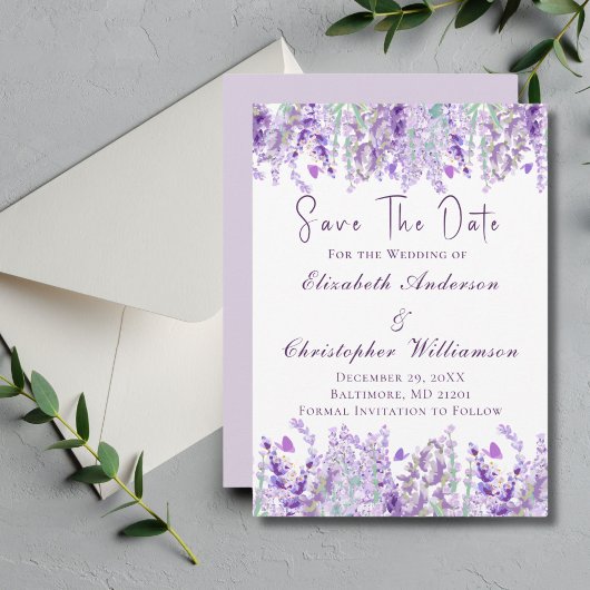 Save The Date Lavande vert violet Aquarelle Florale Élégante