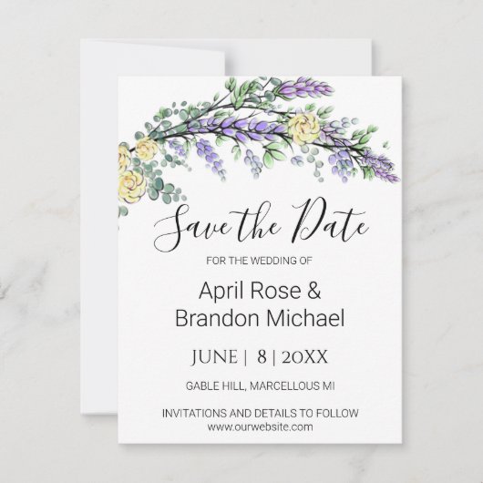 Save The Date Lavande Yellow Roses Eucalyptus Enregistrer La Dat (Devant)