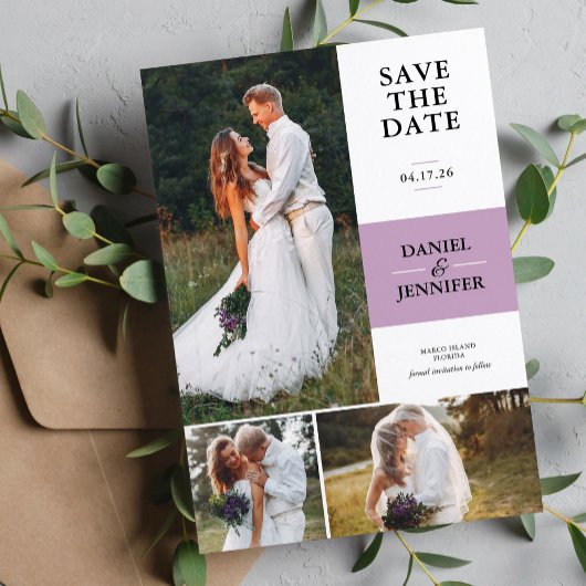 Save The Date Lavender 3-Photo Gallery Mariage Enregistrer La Da
