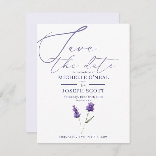 Save The Date Lavender Bliss Elegant Mariage aquarelle (Devant / Derrière)