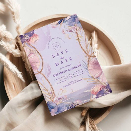 Save The Date Lavender Coastal Seashell Rope Wedding
