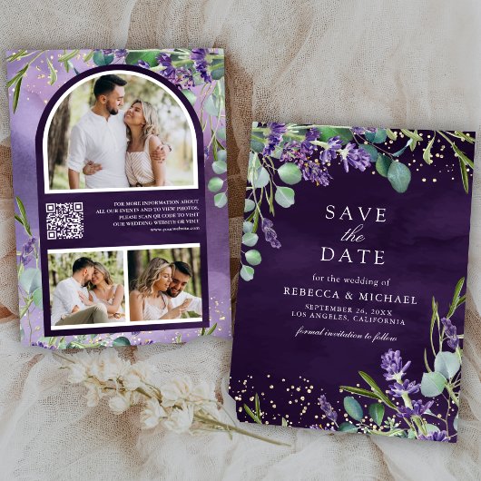 Save The Date Lavender Eucalyptus QR Code Photo Mariage violet