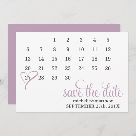 Save The Date Lavender Heart Calendar Wedding Enregistrer la dat (Devant / Derrière)