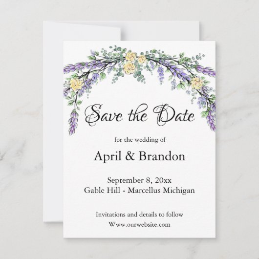 Save The Date Lavender Yellow Rose et Eucalyptus Enregistrer la (Devant)