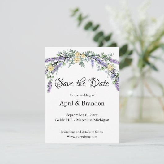 Save The Date Lavender Yellow Rose et Eucalyptus Enregistrer la  (Debout devant)