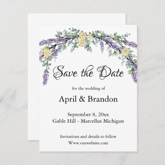 Save The Date Lavender Yellow Rose et Eucalyptus Enregistrer la  (Devant / Derrière)
