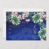 Save The Date LeahG Bleu Tropical Vert Rose Floral Mariage (Devant)