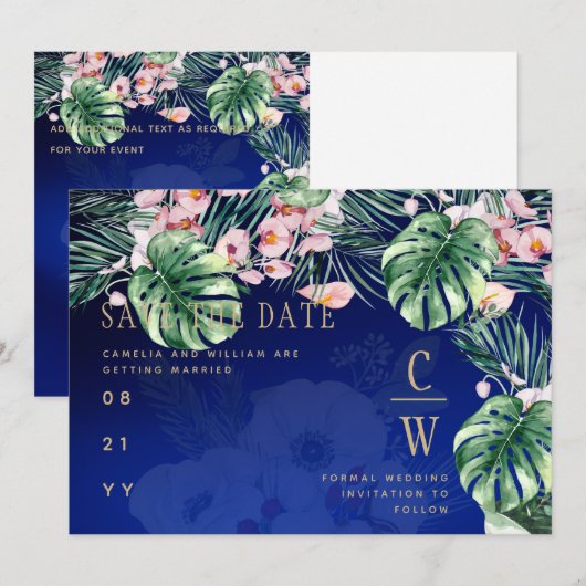 Save The Date LeahG Bleu Tropical Vert Rose Floral Mariage (Devant / Derrière)