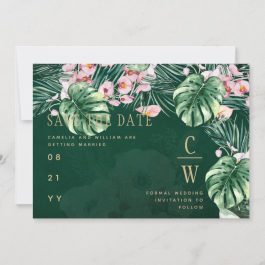 Save The Date LeahG Tropical Vert Rose Botanique Mariage (Devant)
