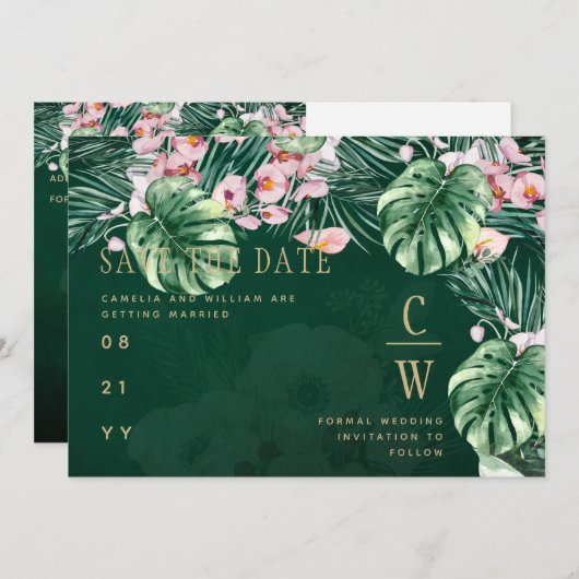 Save The Date LeahG Tropical Vert Rose Botanique Mariage (Devant / Derrière)