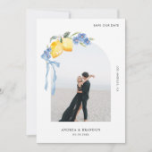 Save The Date Lemon Blue Bow Floral Arch Photo Italian Wedding (Devant)