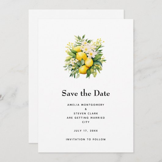 Save The Date Lemon Bouquet with White Blossoms Wedding (Devant / Derrière)