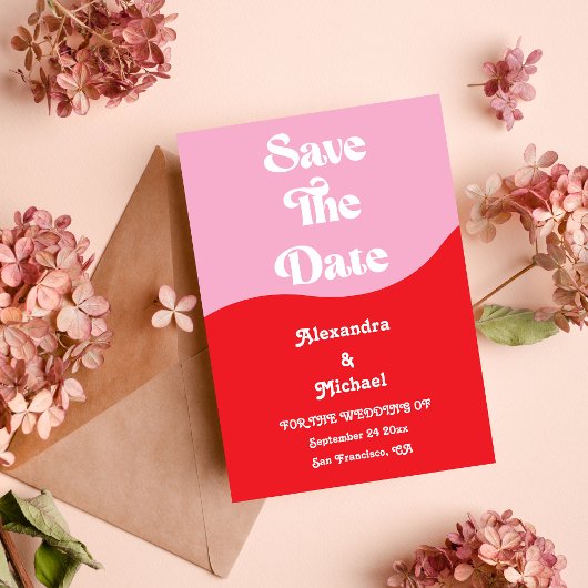 Save The Date Les années 70 rétro rose et Mariage rouge néon