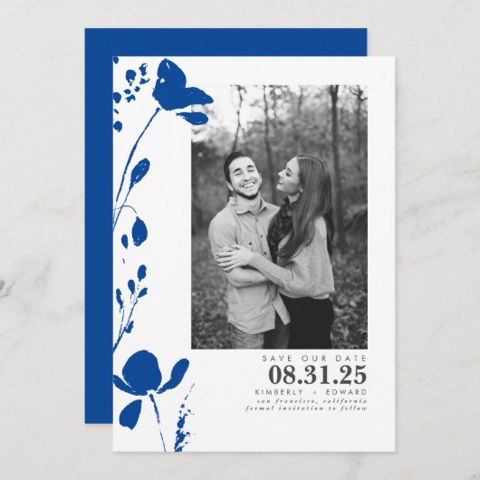 Save The Date Les fleurs bleues de la Marine Élégante Enregistre (Devant / Derrière)