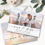 Save The Date Lettré à la main 3 image blanc<br><div class="desc">Choisissez les meilleures photos de votre séance photo fiançailles ou vos photos préférées de vous deux pour cette parfaite enregistrer la date. Les mots sauvegardent la date sont écrits à la main pour donner une impression personnelle à la carte. L'avant a 3 images et l'arrière a une grande image avec...</div>