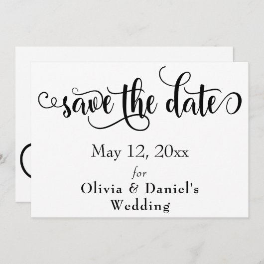 Save The Date Lettres de script fantaisie noir & blanc Enregistr (Devant / Derrière)