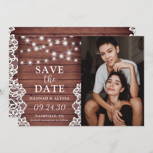 Save The Date LGBTQ Lumières Rustiques Photo Plat Enregistrer La (Devant / Derrière)