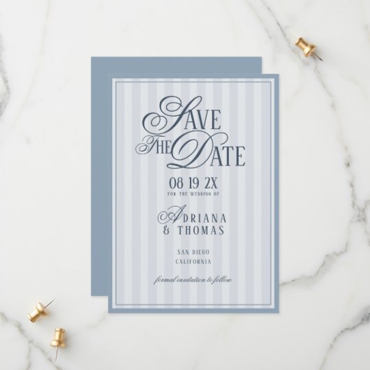 Save The Date Light Blue Striped Old Money Calligraphy Wedding (Devant/Arrière en situation)