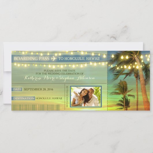 Save The Date Lights Palms Enregistrer La Date Embarquement Pass (Devant)
