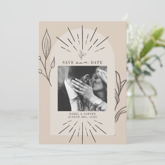 Save The Date Ligne Art Arc Script Desert Tan Photo Enregistrer  (Debout devant)