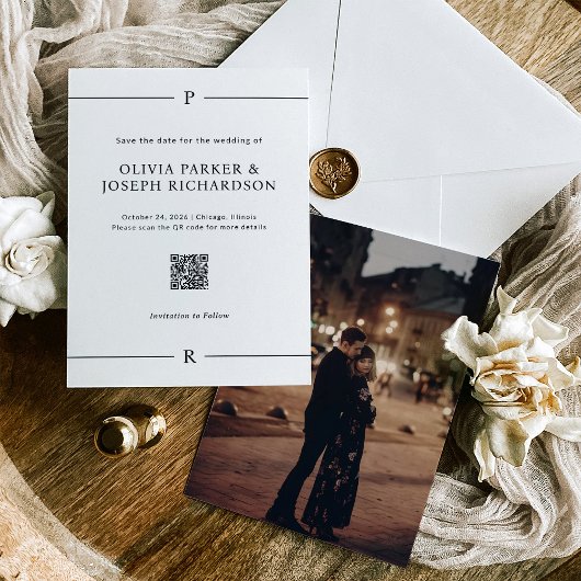 Save The Date Lignes modernes et monogramme blanc QR Code et pho