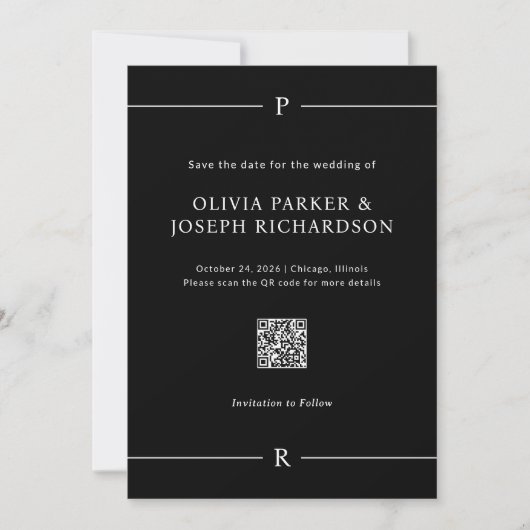 Save The Date Lignes modernes et Monogramme noir QR Code et phot (Devant)