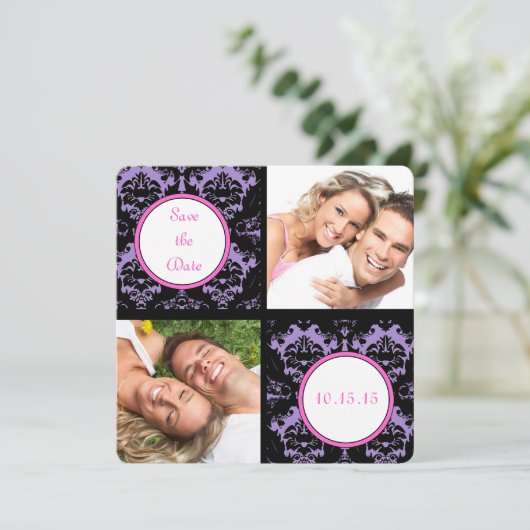 Save The Date Lilac Black Damask Rose Wedding Enregistrer la dat (Debout devant)