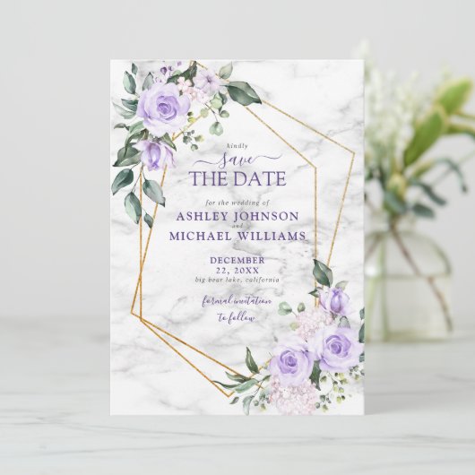 Save The Date Lilac Lavender Gold Géométrique Enregistrer la dat (Debout devant)