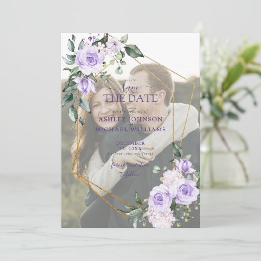 Save The Date Lilac Lavender Vellum Overlay Photo Enregistrer la (Debout devant)