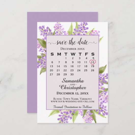 Save The Date Lilacs aquarelle et calendrier Lavender Boho Maria (Devant / Derrière)