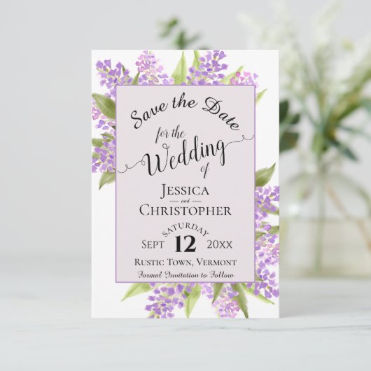 Save The Date Lilacs aquarelle et Mariage de lavande calligraphi (Debout devant)