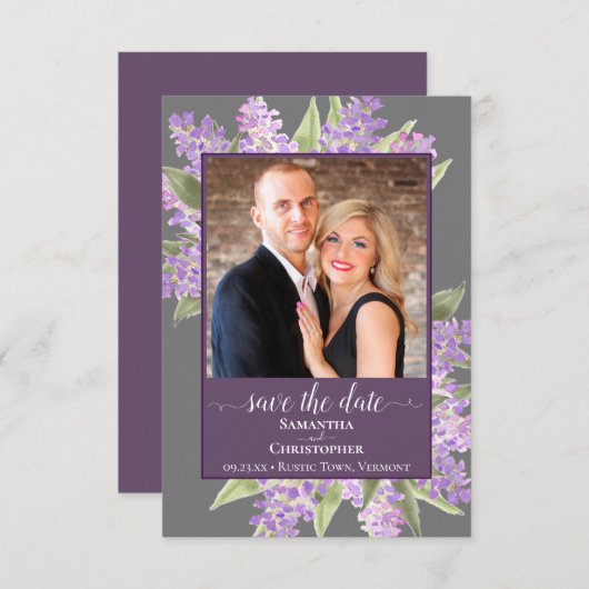 Save The Date Lilacs rustique aquarelle et Mariage gris photo (Devant / Derrière)