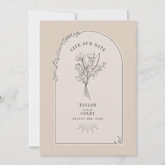 Save The Date Line Art Arch Bouquet Desert Tan Enregistrer La Da (Devant)