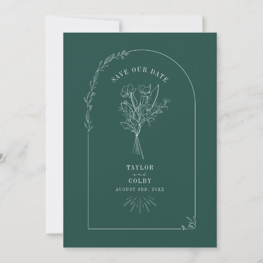 Save The Date Line Art Arch Bouquet Emerald Mariage (Devant)