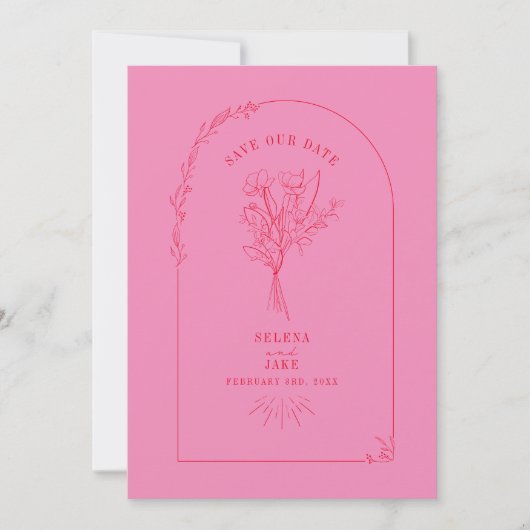Save The Date Line Art Arch Bouquet rose et rouge Enregistrer la (Devant)