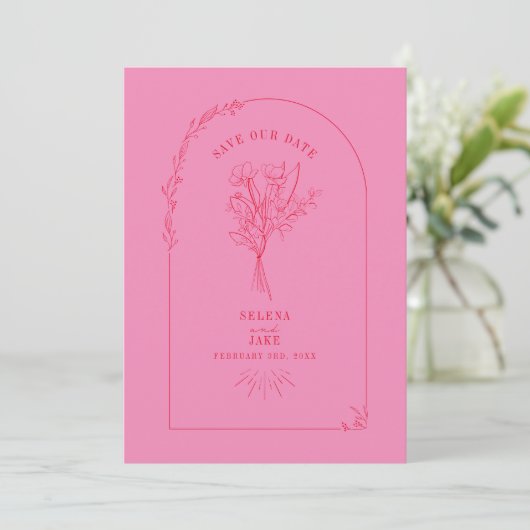 Save The Date Line Art Arch Bouquet rose et rouge Enregistrer la (Debout devant)