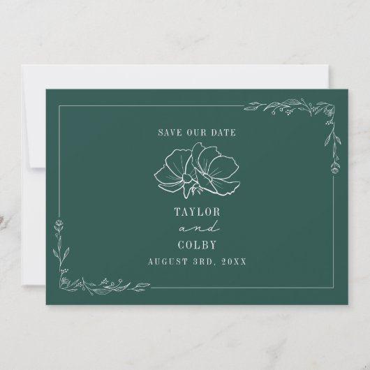 Save The Date Line Art Floral Mariage Emerald Enregistrer la dat (Devant)