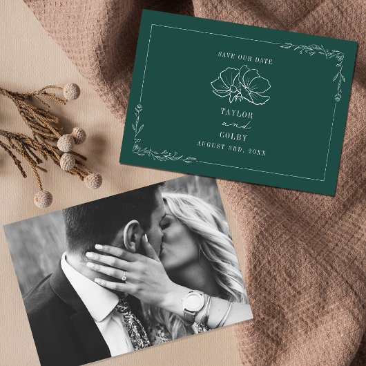 Save The Date Line Art Floral Mariage Emerald Enregistrer la dat