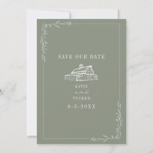 Save The Date Line Art Grange Sage Green Farm Mariage (Devant)