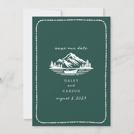 Save The Date Line Art Mountains Canoe Emerald Mariage (Devant)