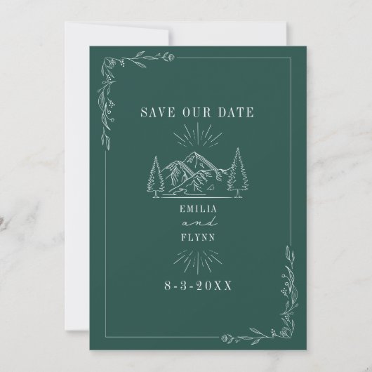 Save The Date Line Art Mountains Emerald Mariage (Devant)