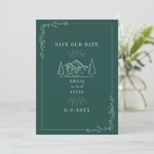 Save The Date Line Art Mountains Emerald Mariage (Debout devant)