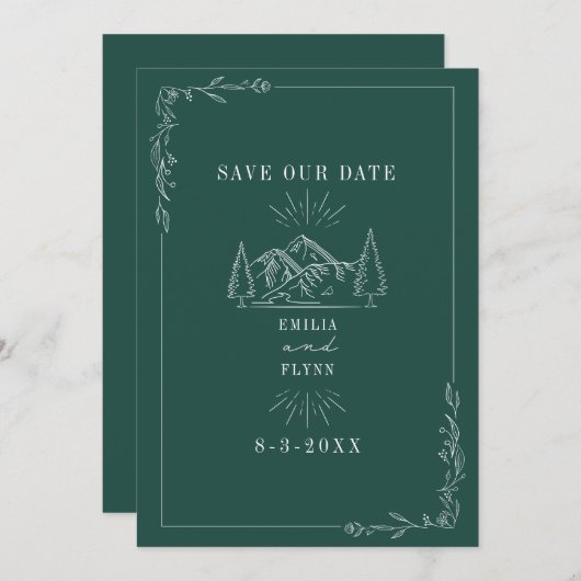 Save The Date Line Art Mountains Emerald Mariage (Devant / Derrière)