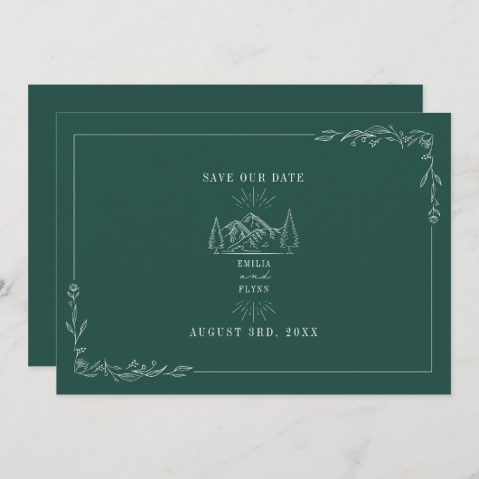 Save The Date Line Art Mountains Mariage Emerald Enregistrer la  (Devant / Derrière)
